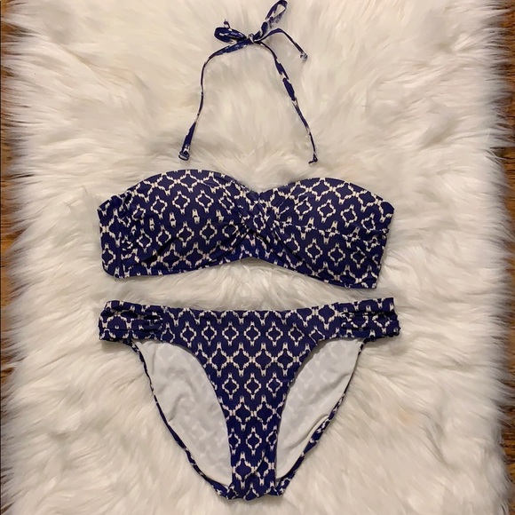 Navy Blue & White Bandeau Bikini Bathing Suit - Picture 1 of 5